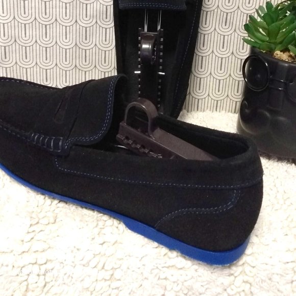 New Bold Society Men\'s Black Italian Handmade Suede Loafers w/Blue Soles Size 11